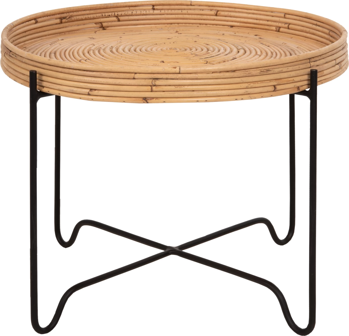 Tavolinë anësore rrethore FLY, rattan natyral, bazë metalike e zezë, Φ50x40H cm