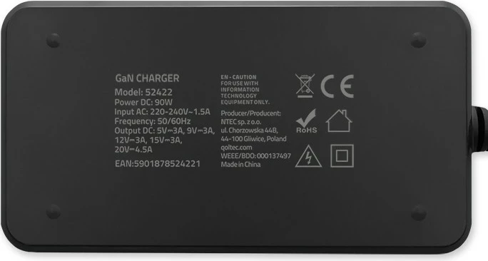 Karikues muri Qoltec 52422, 90W GaN, USB-C 3.1, me kabllo, i zi