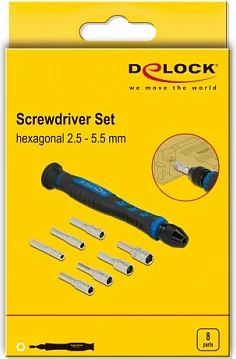 Set kaçavidash DeLOCK, 8 copë, heksagon 2.5-5.5 mm, bosht i zbrazët, zi/kaltër