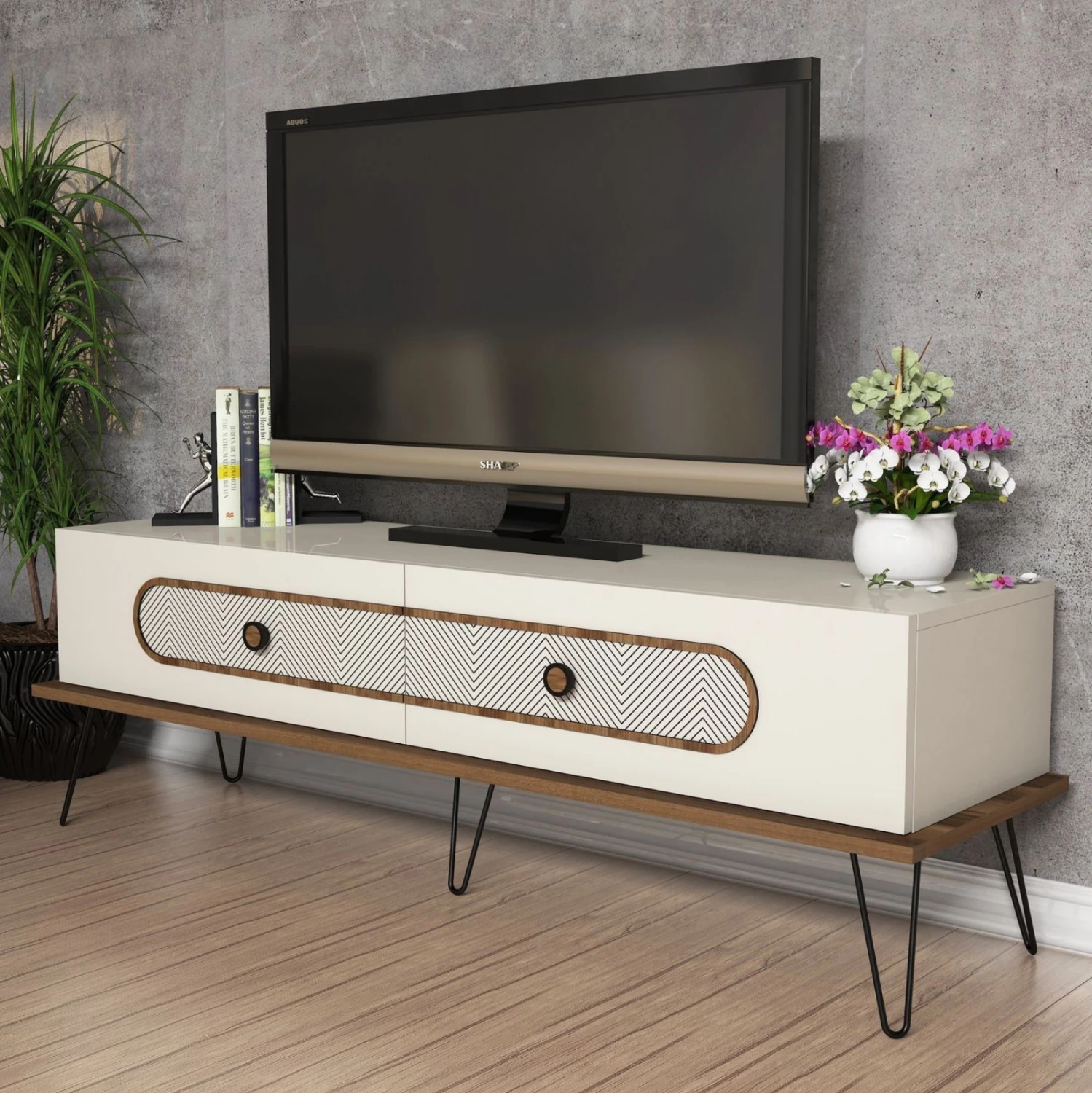 Mbajtës TV FH9511.01 melaminë, ngjyrë krem-metal, 145x40x45H cm