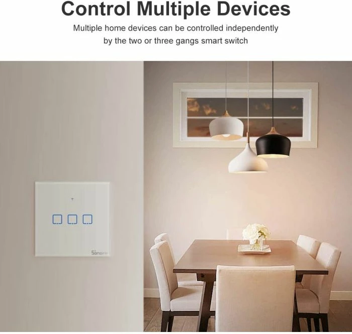 Switch muri smart SONOFF T1EU3C-TX, 3-taster, Wi‑Fi + RF433, EU, xham i temperuar, i bardhë