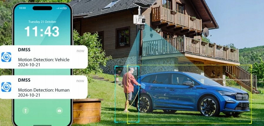 Kamerë IP Dahua IPC-PTS2649C-3E3Z-4GB20 3MP, 4G/LTE + Wi‑Fi, PT‑Dome, panel diellor + bateri 65Wh, IP66, bardhë/zezë