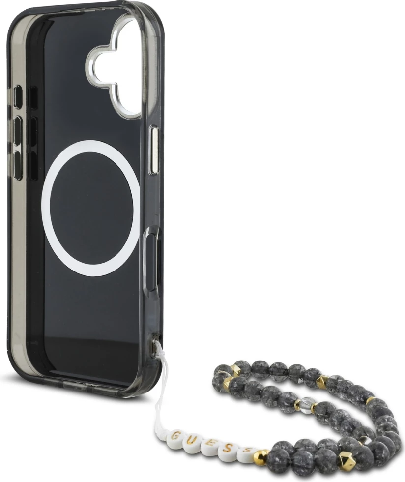 Mbështjellës Guess Palm Trees Triangle Pearl Strap MagSafe për iPhone 16, i zi