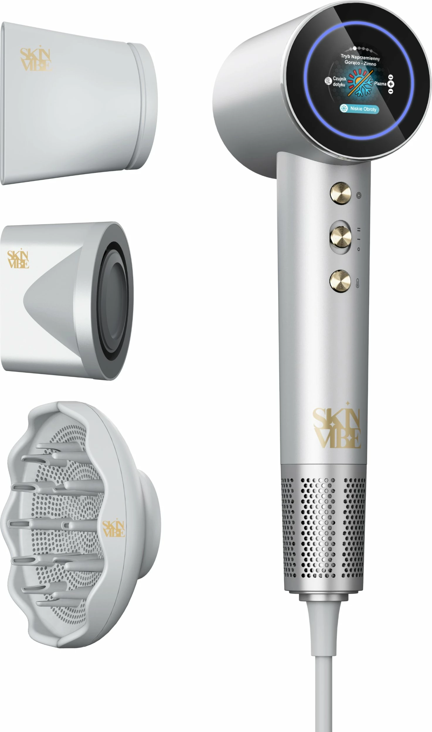 Tharëse flokësh SkinVibe Aurea Family X Plasma SV-001SL 1600W me plazmë, ionizim dhe difuzor, gri metalike, set 3 gryka
