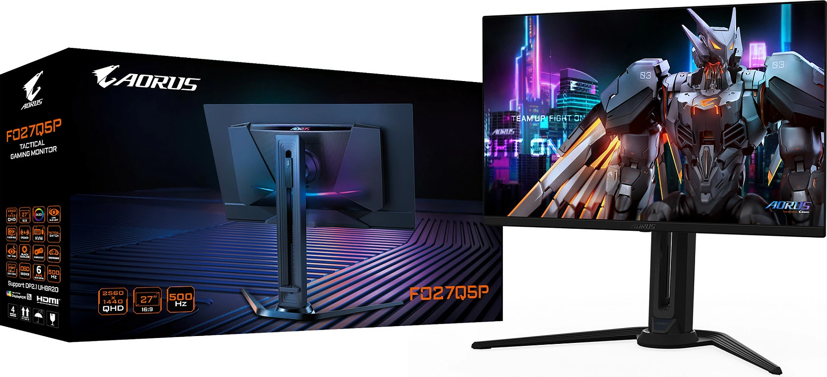 Monitor gaming Gigabyte AORUS FO27Q5P, 27", QHD, QD-OLED, 500Hz, 0.03ms, FreeSync Premium Pro, DisplayPort 2.1, i zi