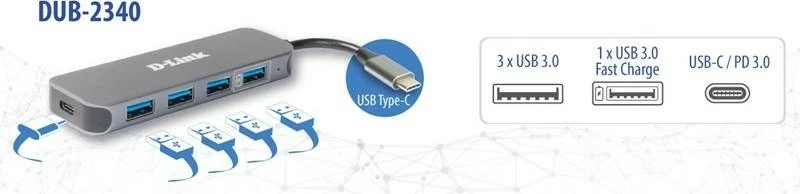 USB hub D-Link DUB-2340, 4x USB 3.0, 1x USB-C, 60W, gri