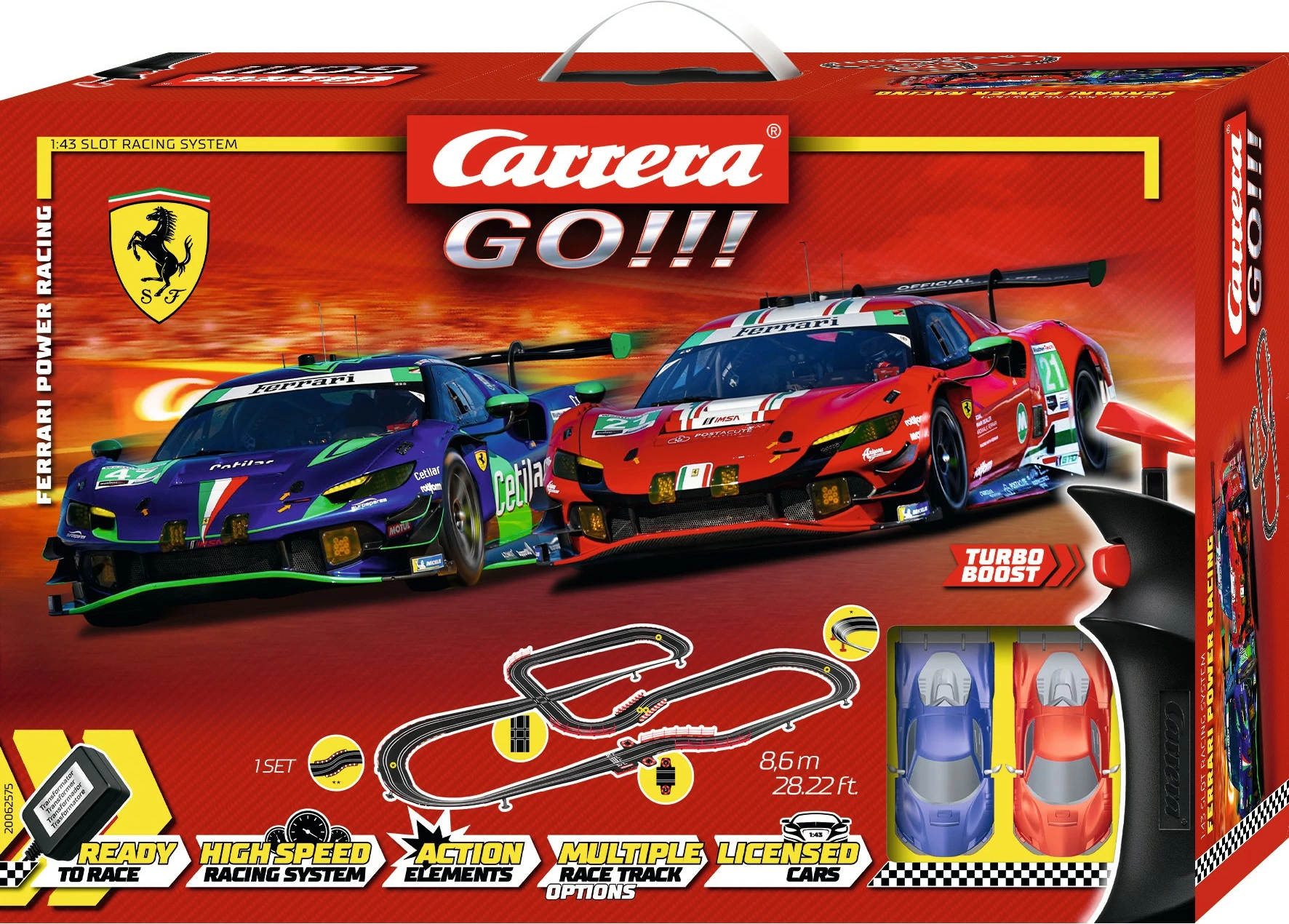 Set gare Carrera GO!!! Ferrari Power Racing, 2 makina, pista e zgjerueshme, multikolor