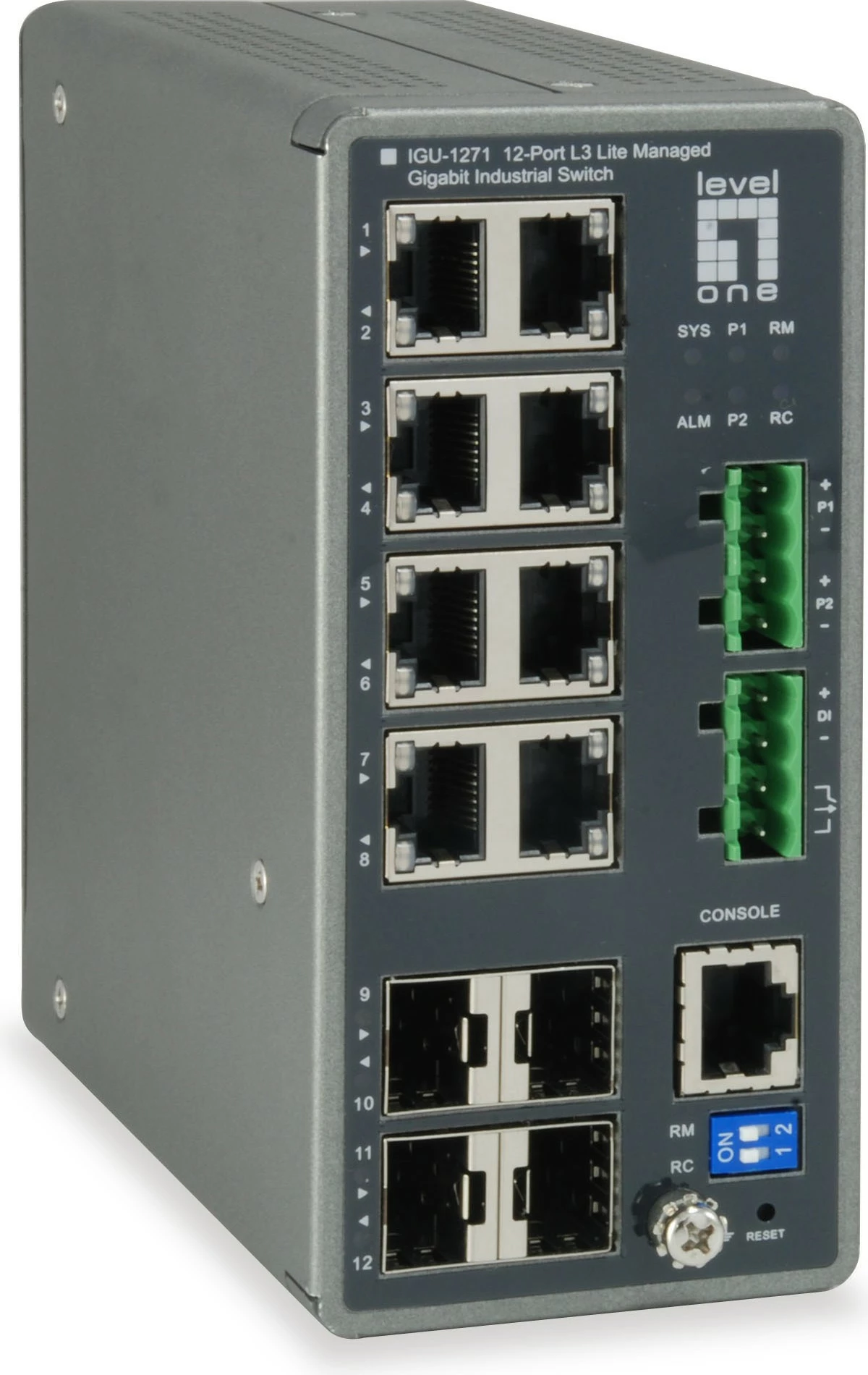 Switch LevelOne TURING 12-Port L3 Lite Managed Gigabit Industrial, 4 x SFP, DIN-Rail
