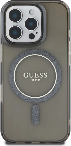 Mbështjellës Guess IML Glitter Circle MagSafe për iPhone 16 Pro Max, i zi