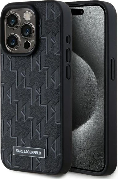 Mbështjellës Karl Lagerfeld për iPhone 15 Pro, lëkurë, MagSafe, i zi