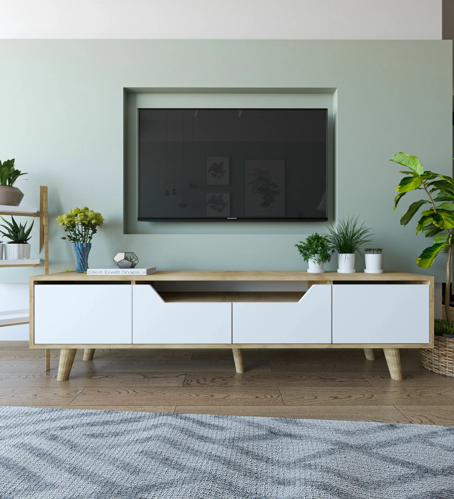 Komodë TV Skye Decor, Roma 180, ngjyrë lis safir dhe e bardhë