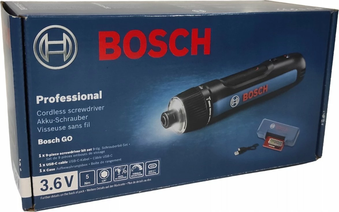 Kaçavidë pa kabllo Bosch GO 3.0 06019H2201, 3.6 V, 2 Ah, 5 Nm, USB-C, me 8 bita + kasë, e zezë/blu