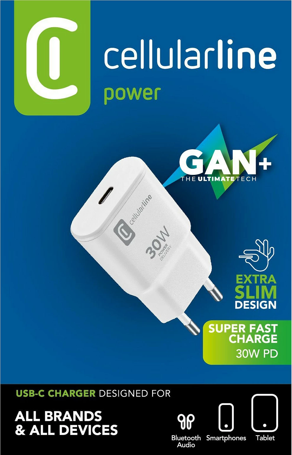Karikues udhëtimi USB-C Cellularline 30W GaN, Power Delivery, i bardhë