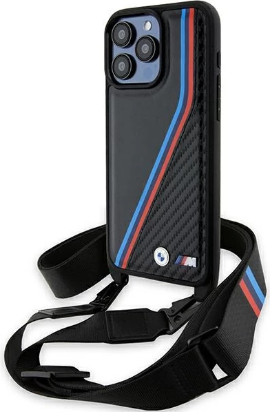 Mbështjellës BMW M Edition Carbon Tricolor Lines & Strap për iPhone 15 Pro Max, i zi