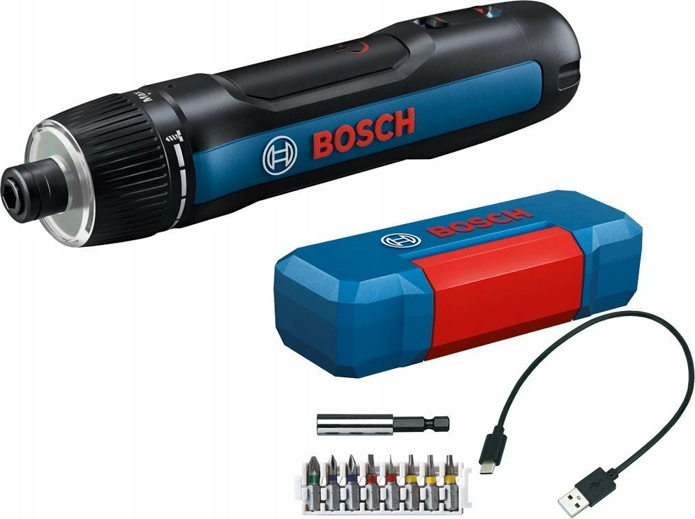 Kaçavidë pa kabllo Bosch GO 3.0 06019H2201, 3.6 V, 2 Ah, 5 Nm, USB-C, me 8 bita + kasë, e zezë/blu