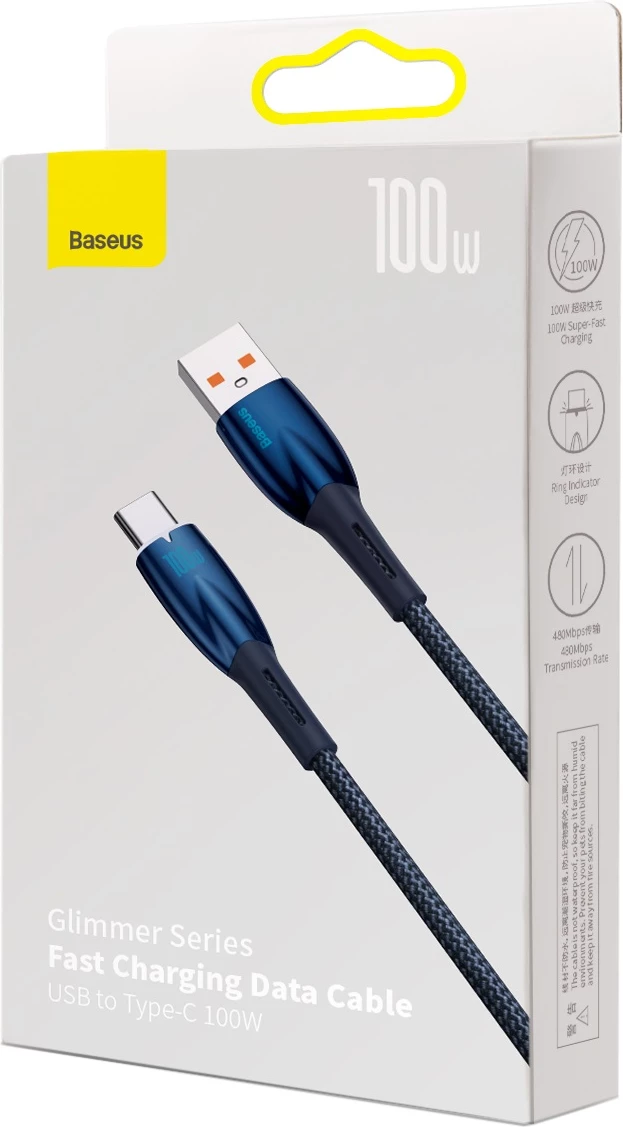 Kabllo karikimi i shpejtë Baseus Glimmer Series, USB-A në USB-C, 1m, 100W, Blu