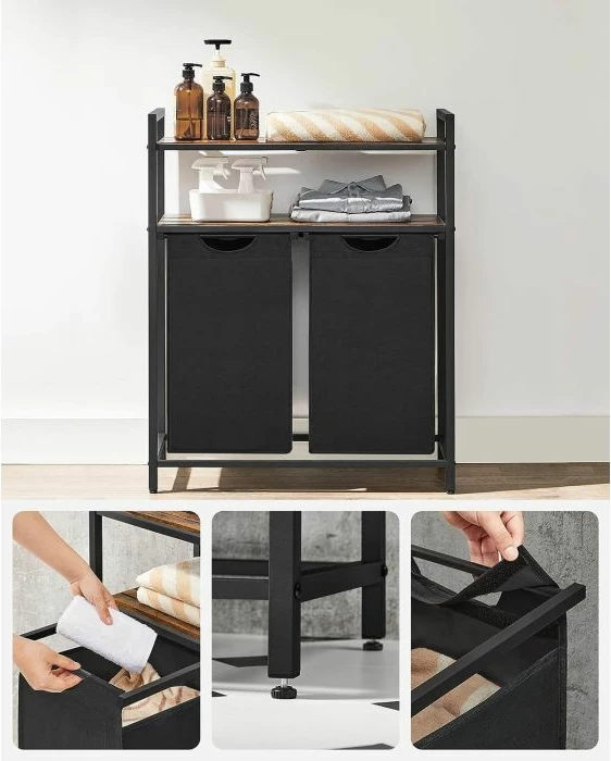 Kosh rrobash VASAGLE BLH211B01, 2 ndarje (2 shporta 2x46 L), me 2 rafte, 73x33x91 cm, kafe rustike/zi