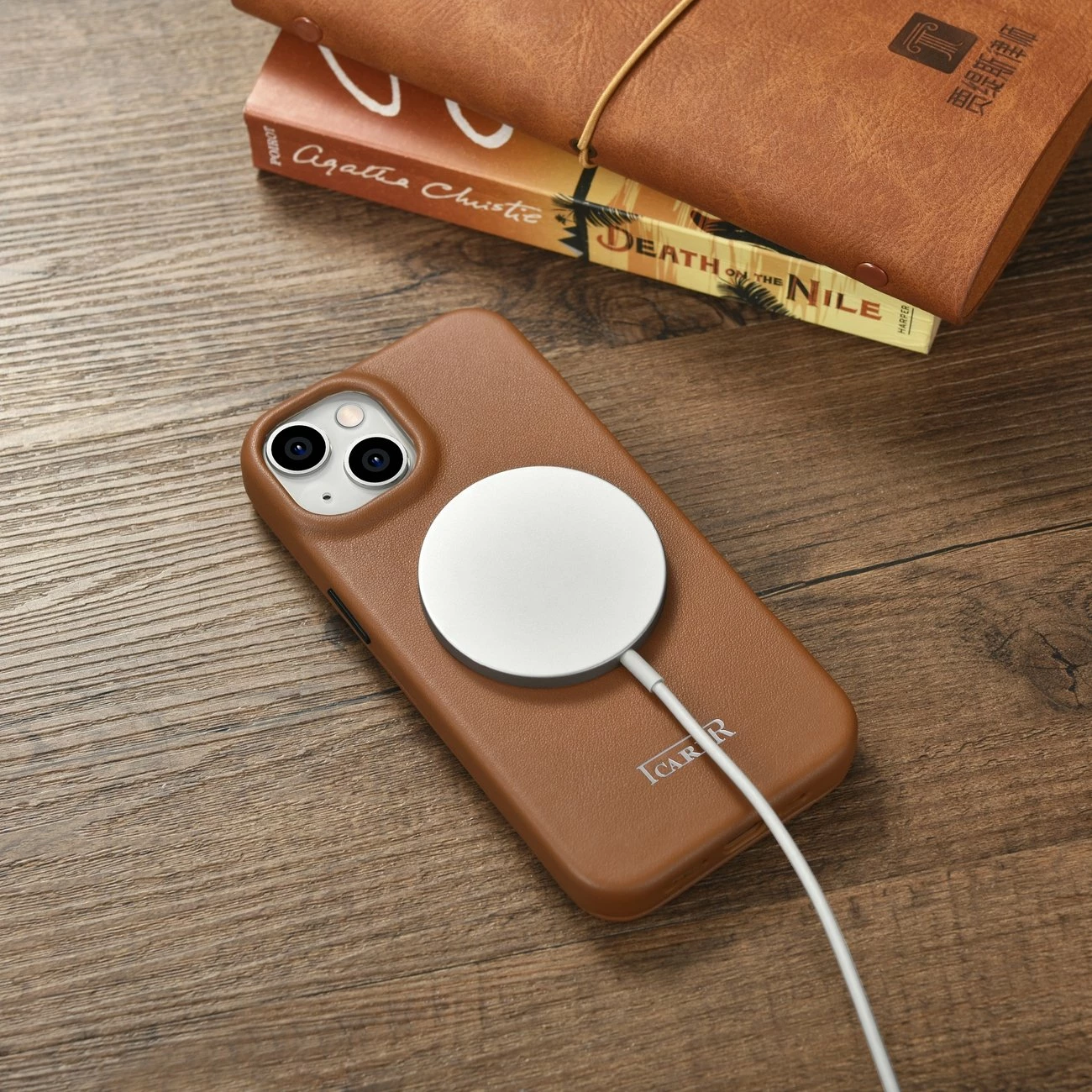 Mbështjellës lëkure iCarer CE Premium Folio për iPhone 14, MagSafe, kafe