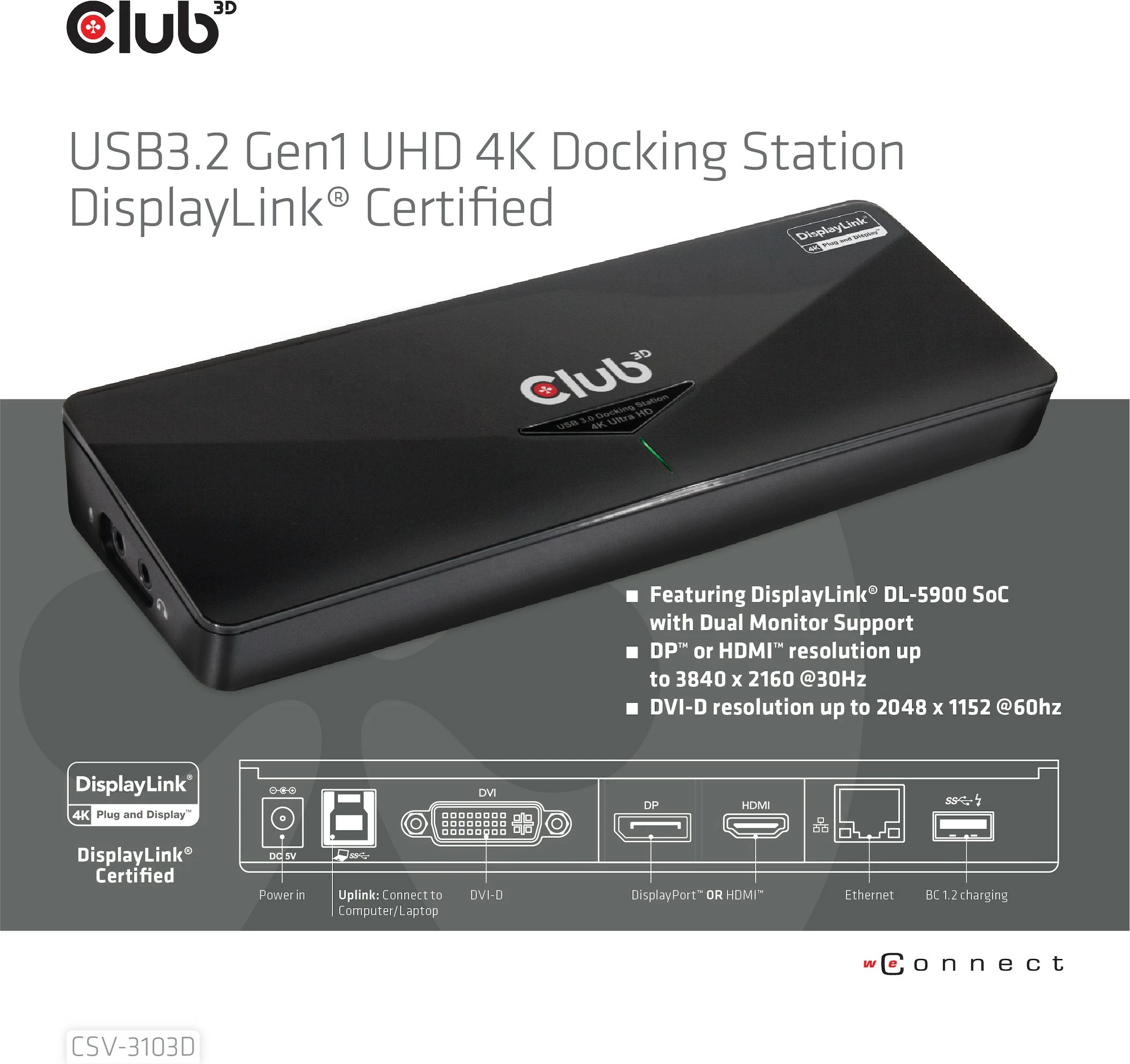 Docking station Club3D 4K USB3, 3xUSB3/HDMI/DP/DVI, e zezë