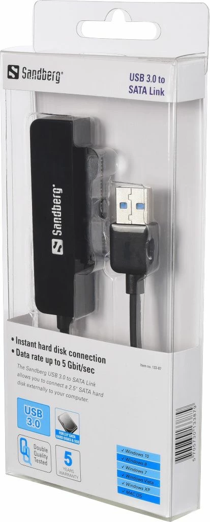 Adapter USB 3.0 në SATA Sandberg 133-87, për disk 2.5" SATA III, 5 Gbit/s, i zi
