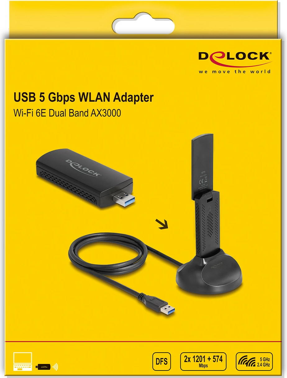 Adapter Wi-Fi USB DeLOCK AX3000, Wi-Fi 6E tri-band (2.4/5/6 GHz), 1201+574 Mbps, i zi