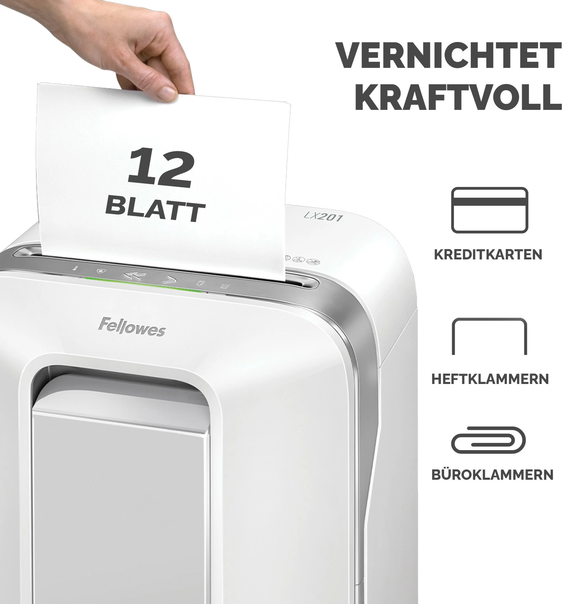 Shredder Fellowes Powershred LX201, Micro-cut, 22 L, e bardhë