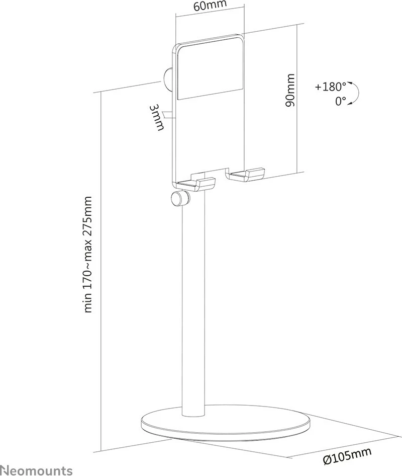 Mbështjellës tavoline Neomounts DS10-200SL1 për celular, rregullim lartësie, alumini, argjend