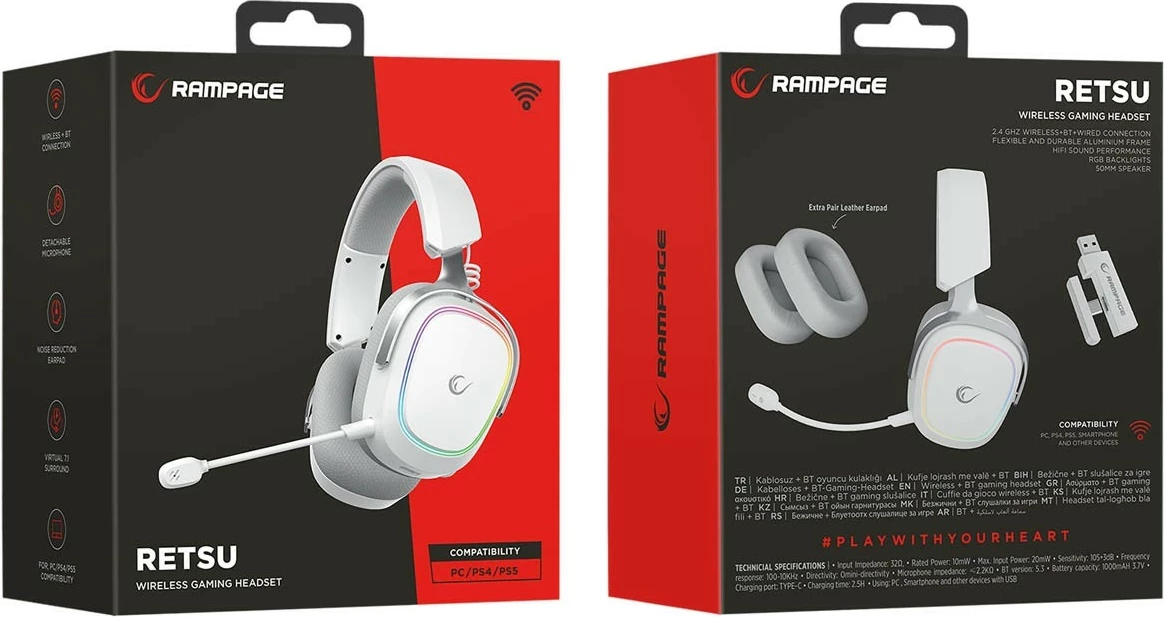 Kufje gaming Rampage RETSU, wireless, Bluetooth 5.3, RGB, mikrofon i ndashëm, bardhë