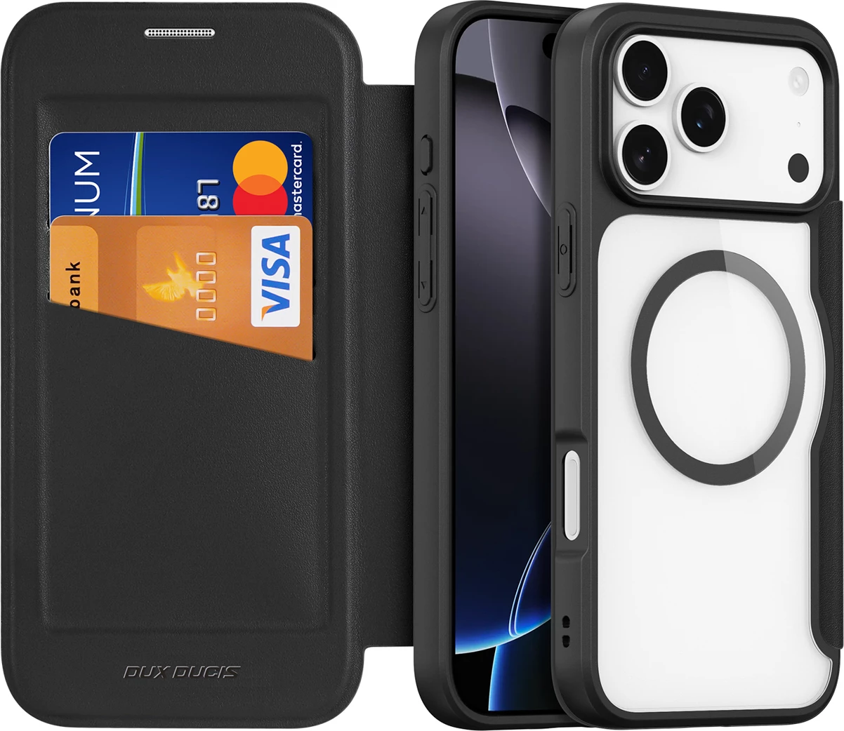 Mbështjellës Dux Ducis Skin X Pro për iPhone 17 Pro Max, me portofol, MagSafe, i zi