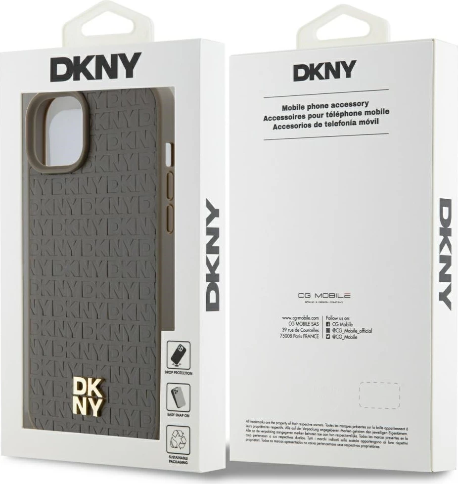 Mbështjellës DKNY Leather Pattern Metal Logo MagSafe për iPhone 15/14/13, Kafe
