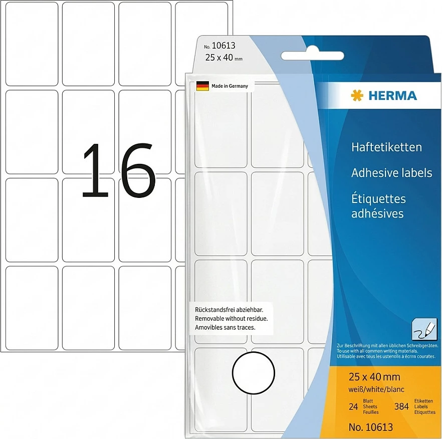 Etiketa vetëngjitëse HERMA 10613, 25x40 mm, të heqshme, 384 copë, të bardha