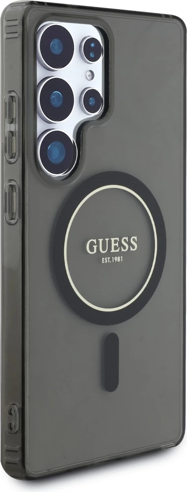 Mbështjellës Guess Glitter Circle Classic Logo MagSafe për Samsung Galaxy S25 Ultra, zi