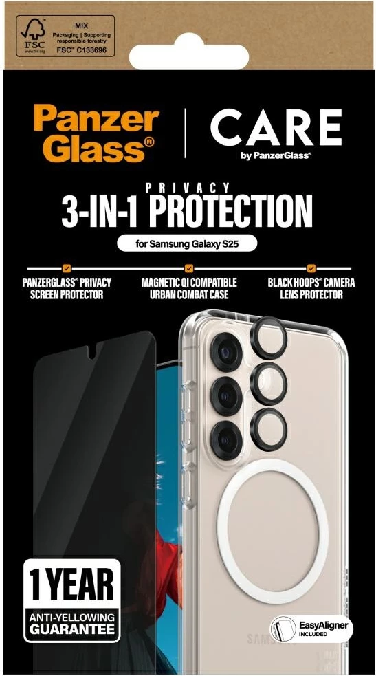 Mbështjellës PanzerGlass CARE Flagship 3in1 me xham privatësie dhe mbrojtës lente për Samsung Galaxy S25, Transparent