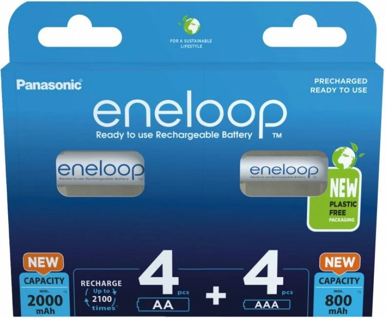 Bateri të rikarikueshme Panasonic Eneloop set 4x AA 2000mAh + 4x AAA 800mAh, të bardha