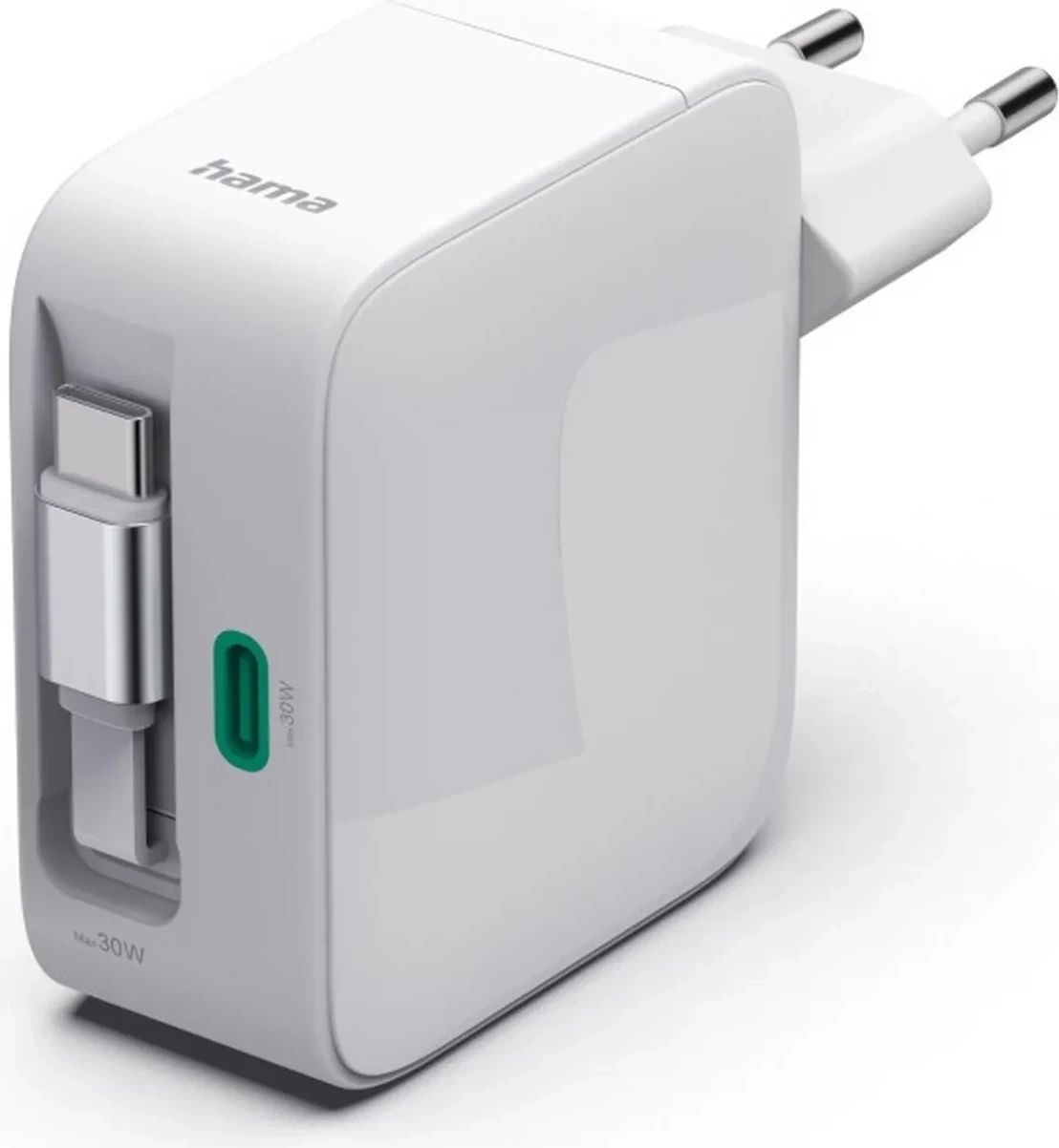 Karikues rrjeti Hama GaN 30W, 2x USB-C, kabllo e tërheqshme, i bardhë