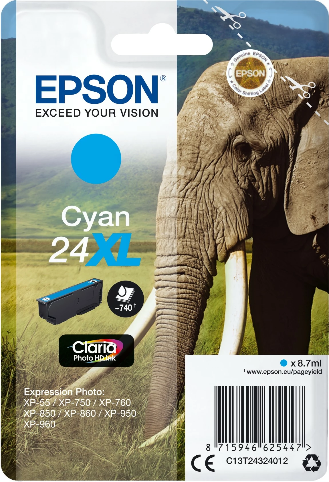 Bojë Epson Elephant Singlepack Cyan 24XL, 8.7 ml, XL