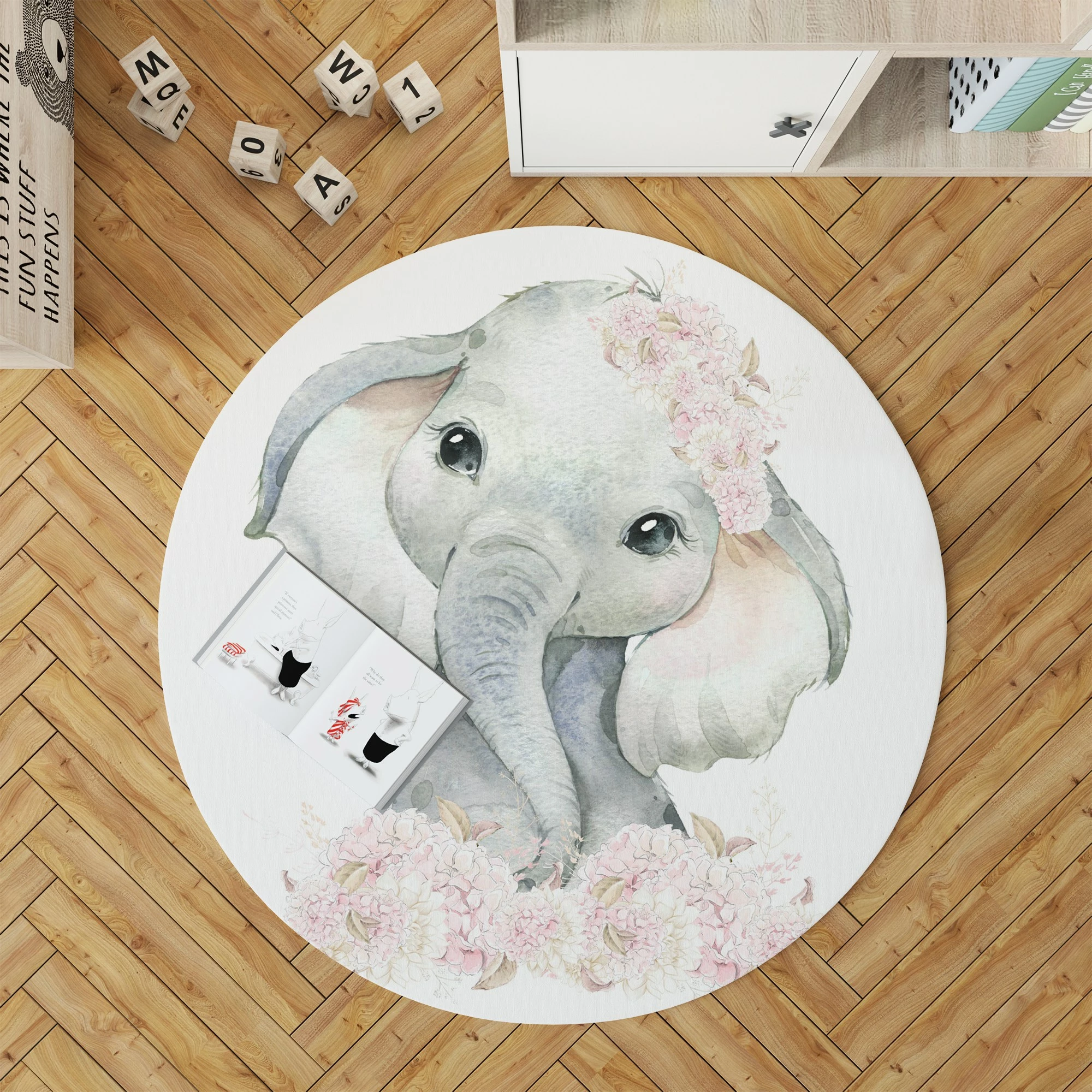Qilim i rrumbullakët për fëmijë, dizajn elefant, Woopamuk150, 100x100cm