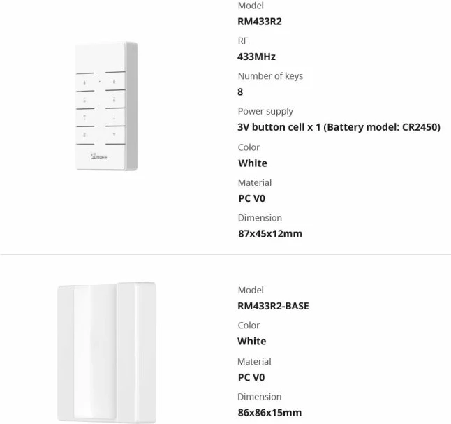 Mbajtëse telekomande SONOFF RM433R2-BASE për RM433, montim muri/tavoline, e bardhë