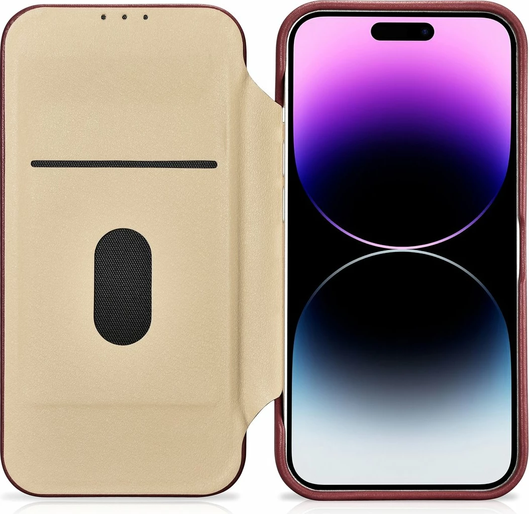 Mbështjellës iCarer CE Premium lëkurë folio për iPhone 14 Pro Max, MagSafe, Kuq