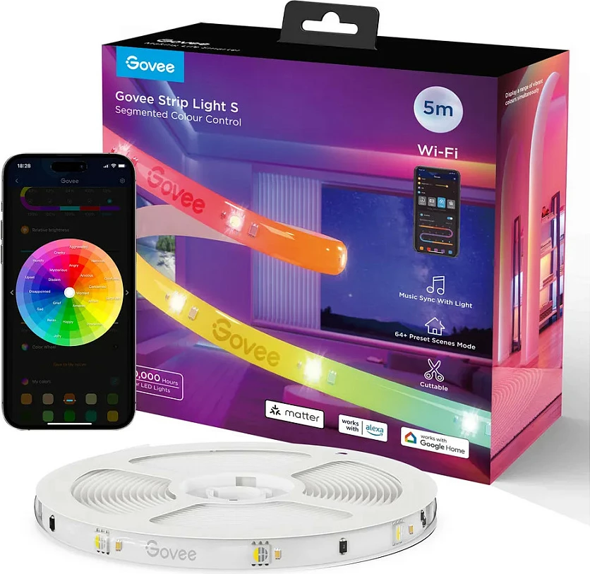 Shirit LED Govee Strip Light S, 5 m, Wi‑Fi/Bluetooth, Matter Ready, 16M ngjyra, i bardhë