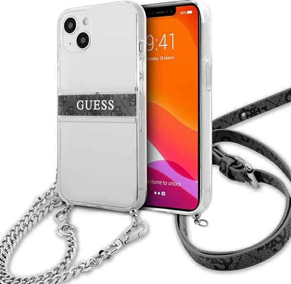 Mbështjellës Guess GUHCP13SKC4GBSI për iPhone 13 mini 5.4", transparent, me rrip dhe zinxhir argjendi