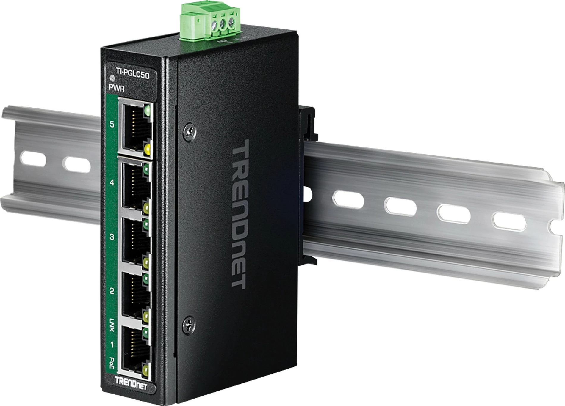 Switch industrial TRENDnet TI-PGLC50, 5-Port Gigabit PoE+, DIN-Rail, IP30, i zi