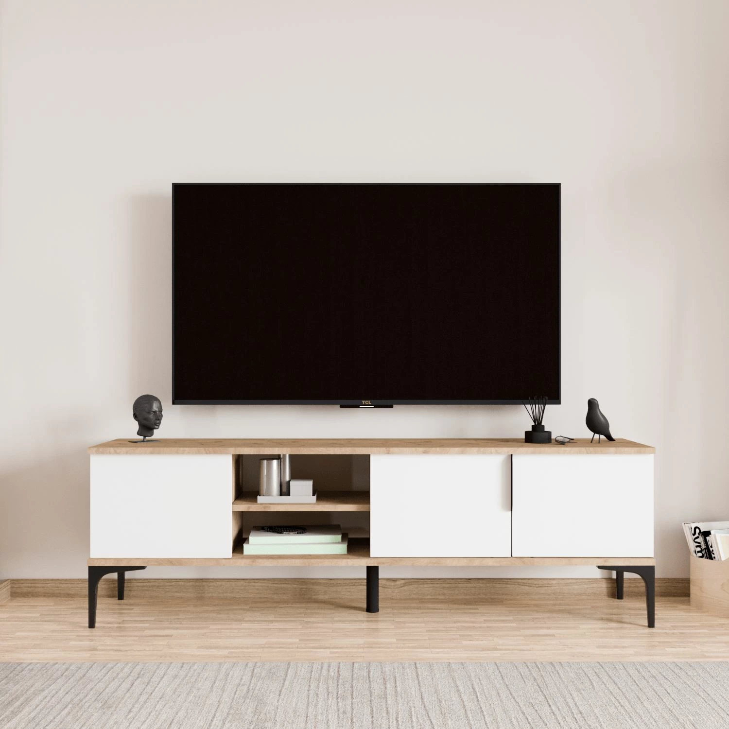 Komodë TV Skye Decor, ngjyrë lisi dhe e bardhë, Tarz