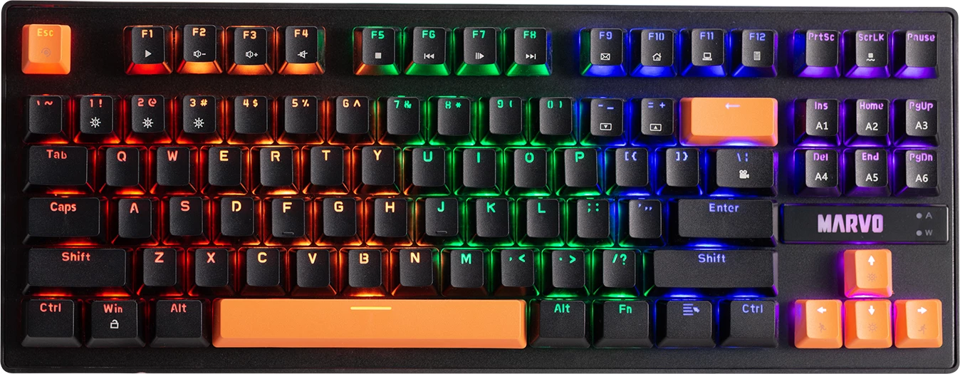 Tastierë mekanike gaming Marvo KG901C EN KRONE 87, 87 taste, Blue Switch, ndriçim RGB, e zezë me taste portokalli