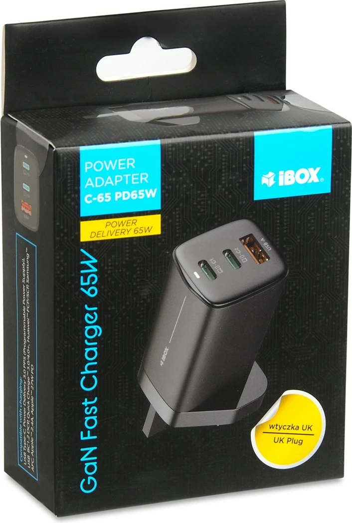 Karikues universal iBOX C-65, GaN 65W, 3 porta USB, prizë UK, i zi