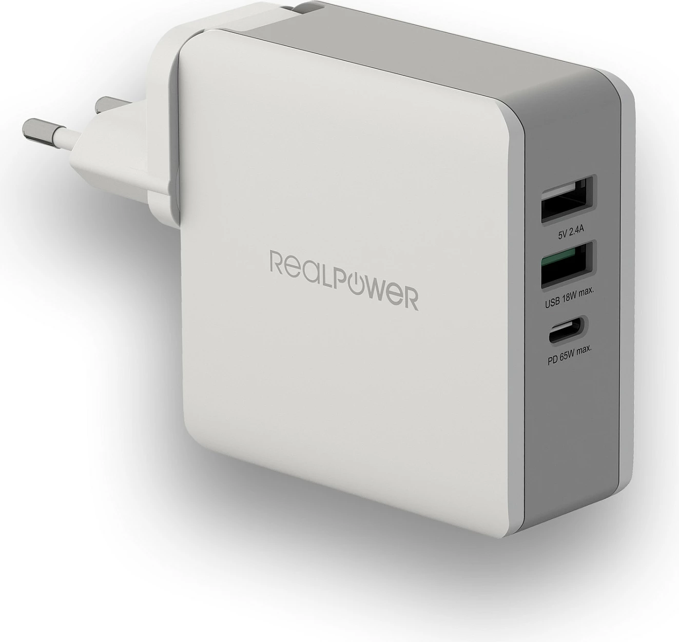 Karikues muri RealPower DeskCharge-65 Travel, 65W, USB-C PD + 2x USB-A, gri