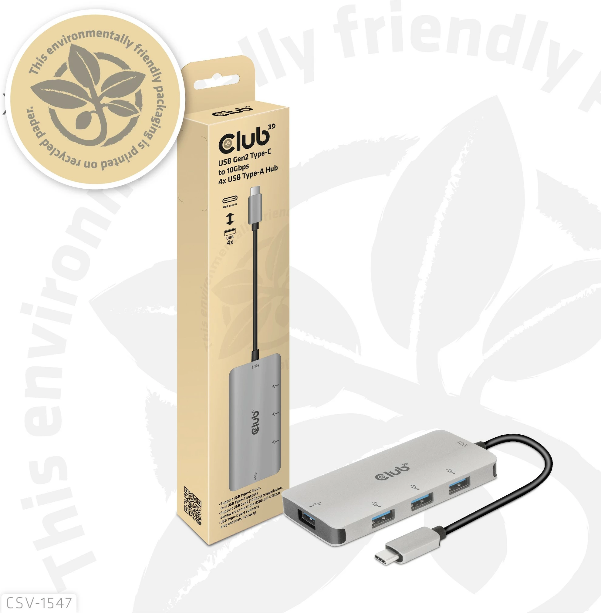 USB hub Club3D CSV-1547, 4x USB 3.1 Type-A, 10Gbps, Type-C, zi/argjendtë