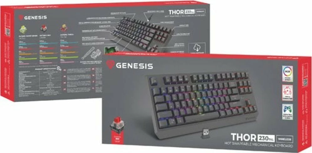 Tastierë mekanike gaming GENESIS Thor 230 TKL Wireless (NKG-2106), Outemu Red, RGB, Bluetooth/2.4GHz/USB, US layout, e zezë
