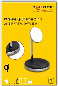 Karikues wireless DeLOCK 2 në 1, Qi, 15W, USB-C, kabllo 1m, zi/gri/bardhë