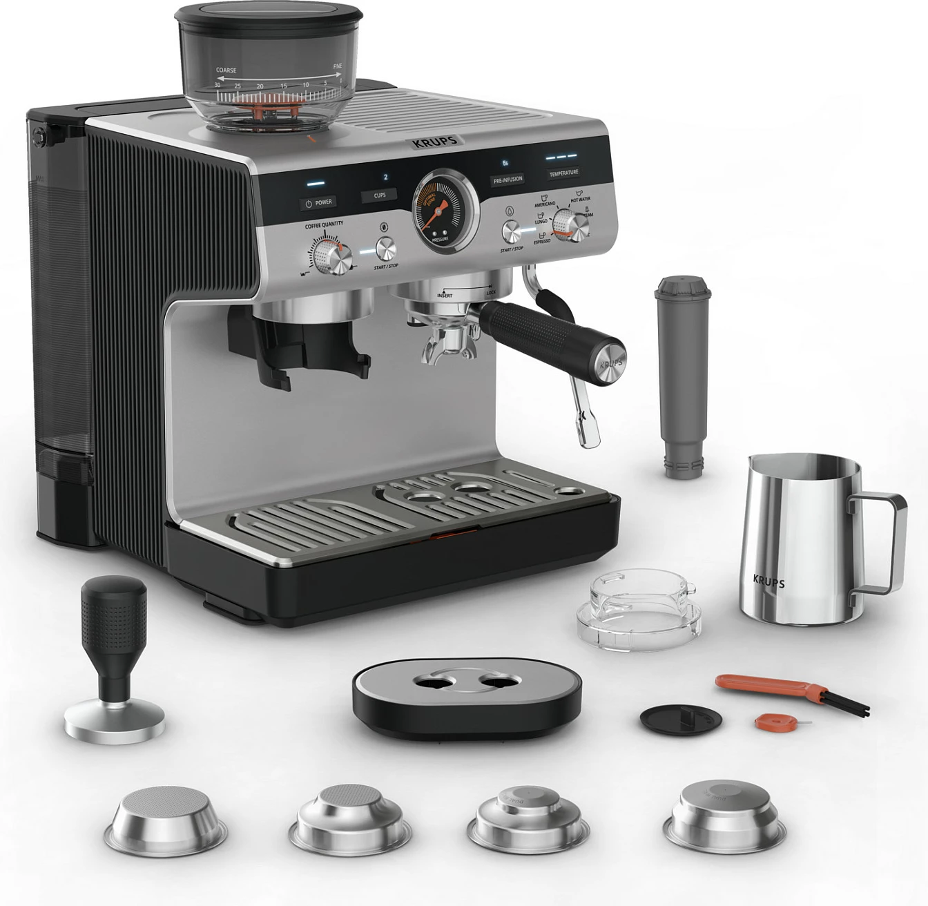 Makinë espresso Krups XP801T, me mulli të integruar, 3L, inox/e zezë